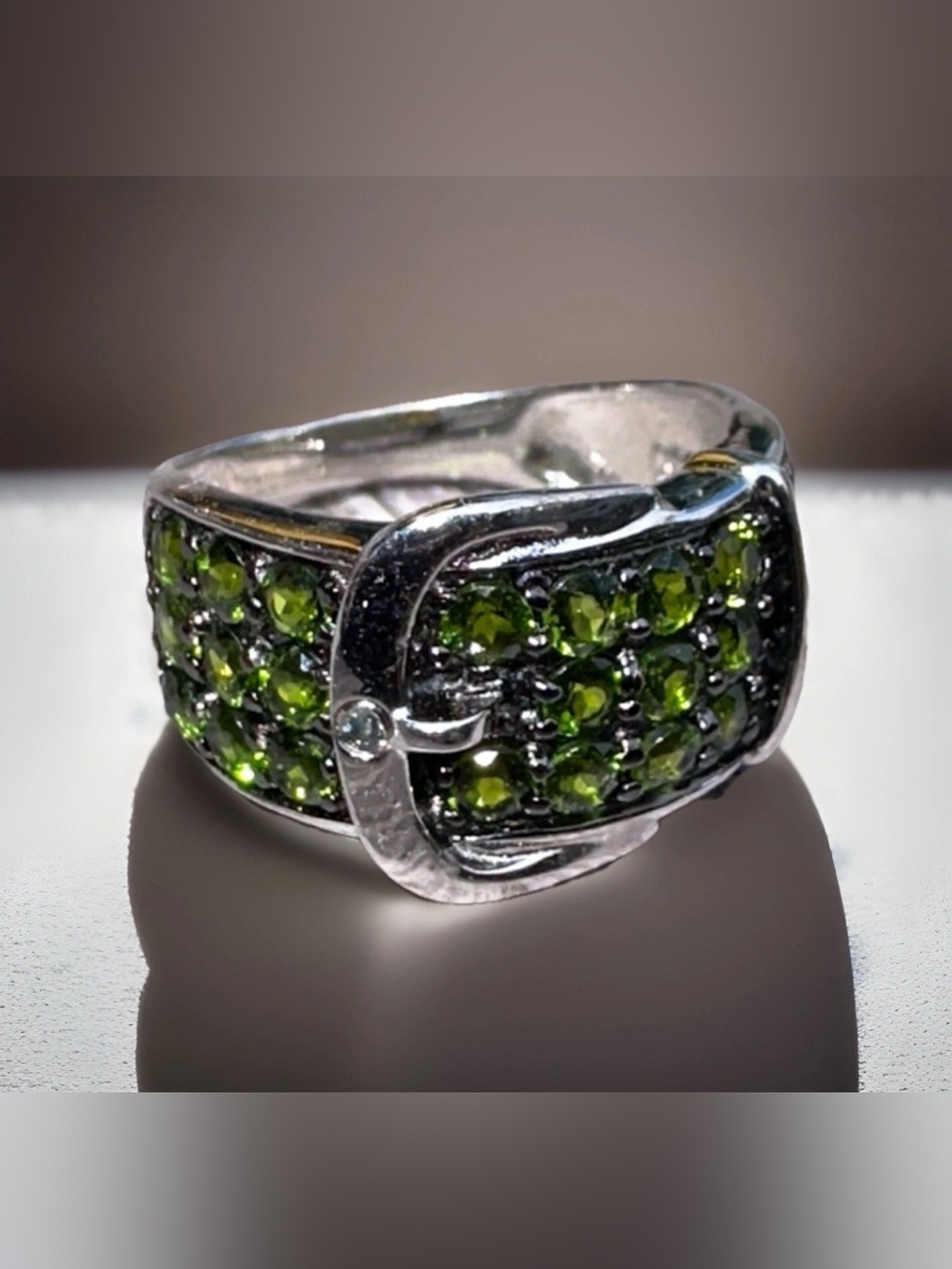 VTG Chrome Diopside Gemstone 925 Sterling Silver Statement Buckle Ring Size 6.5